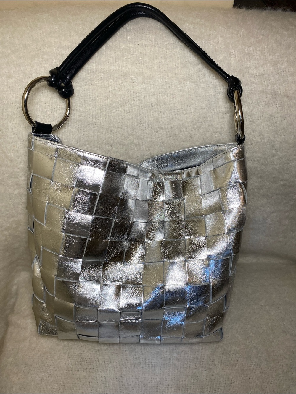 Vintage Spiegel Silver Woven Leather Shoulder Bag with Black Handle